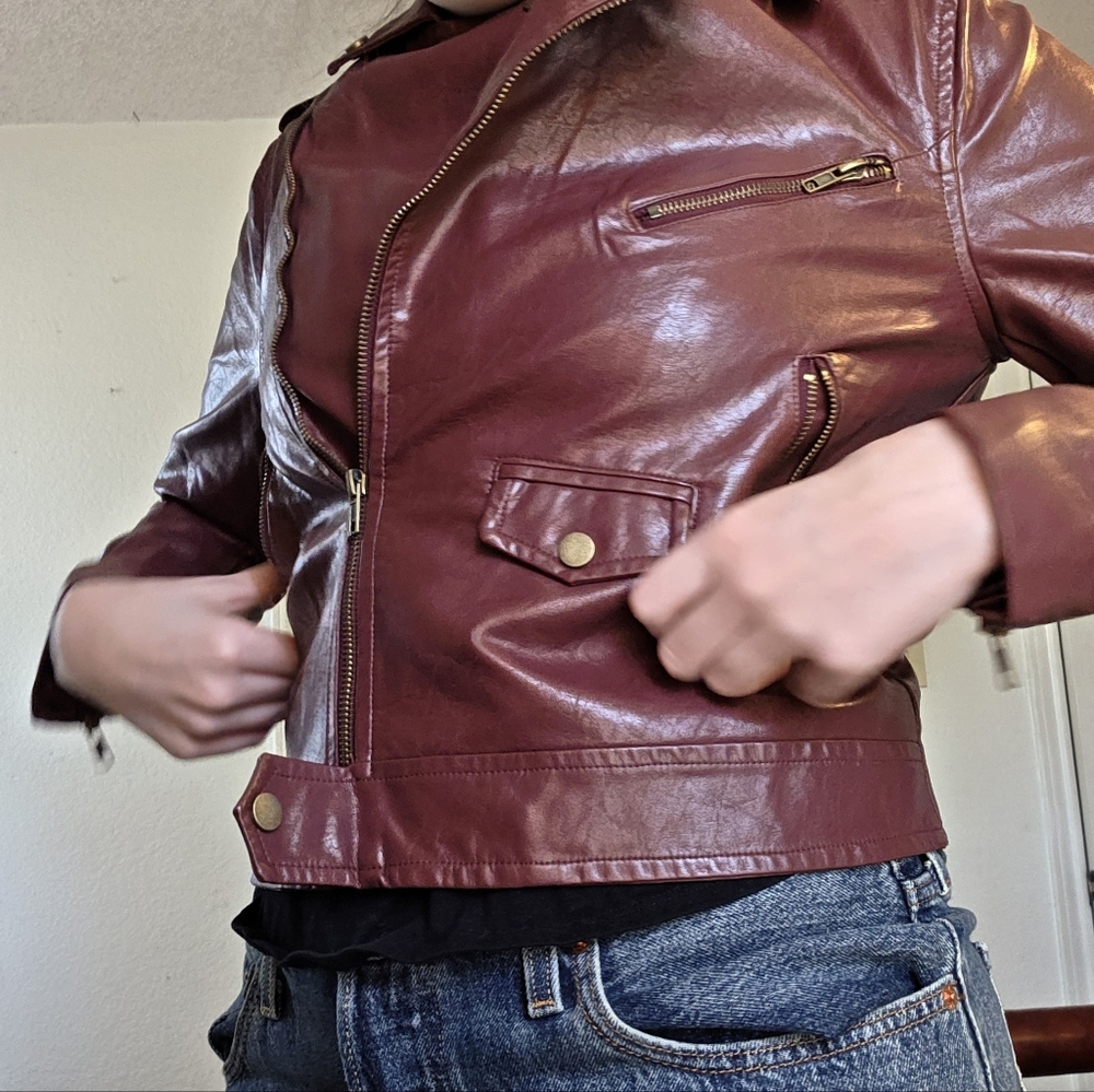 Listicle Women's Burgundy Faux Leather Moto Jacket